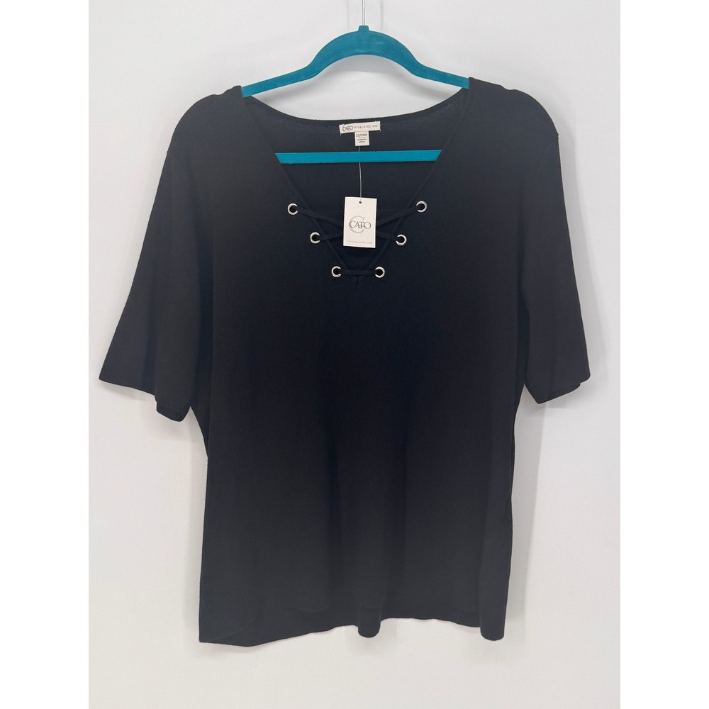 Cato Top Women 22/24 Black NWT Lace Up V-Neck Grommet Short Sleeve Knit